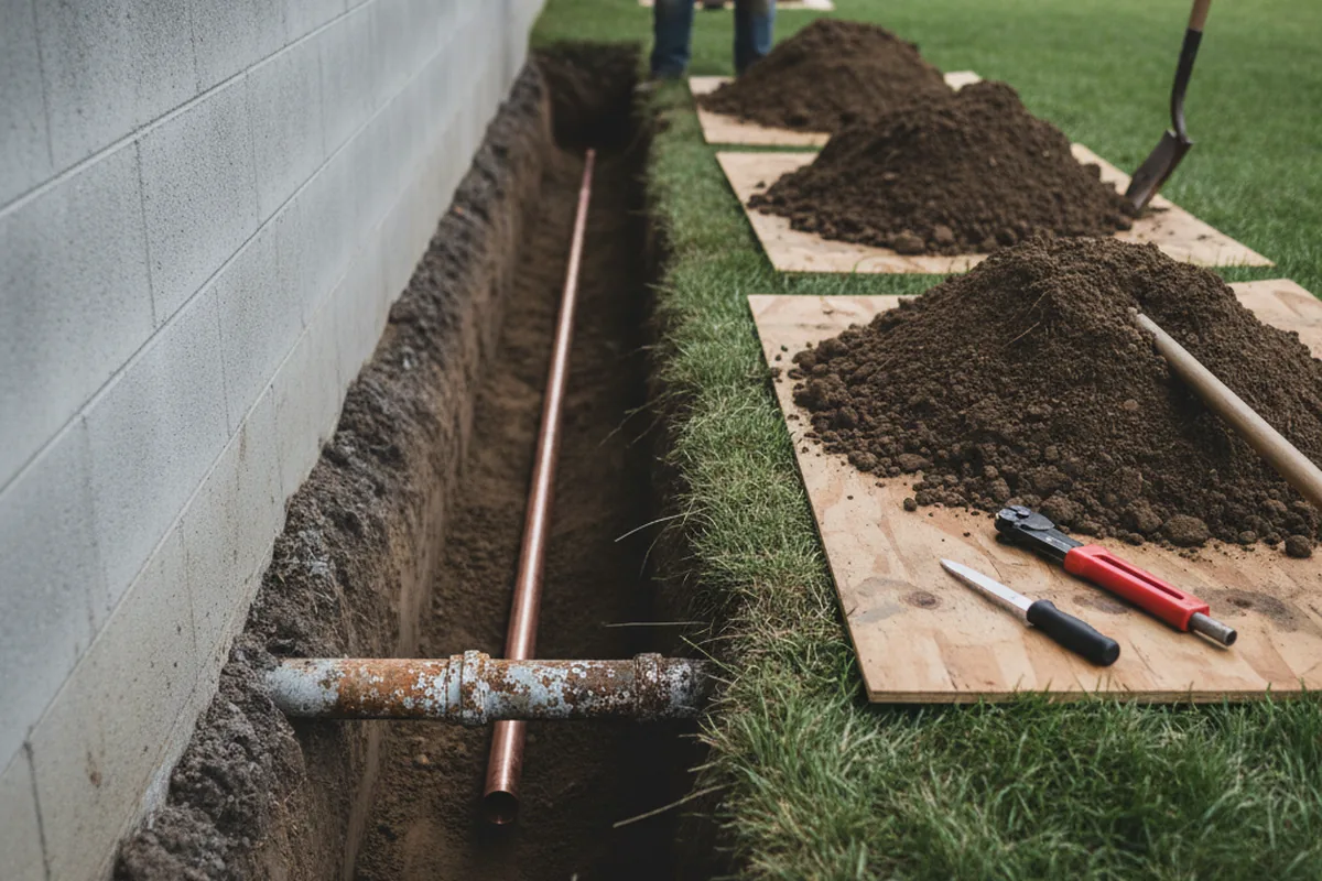 Excavated water line trench during Water Softener Installation in Edinburg